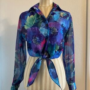 90s Vintage Floral Cropped Sheer Button Blouse Small